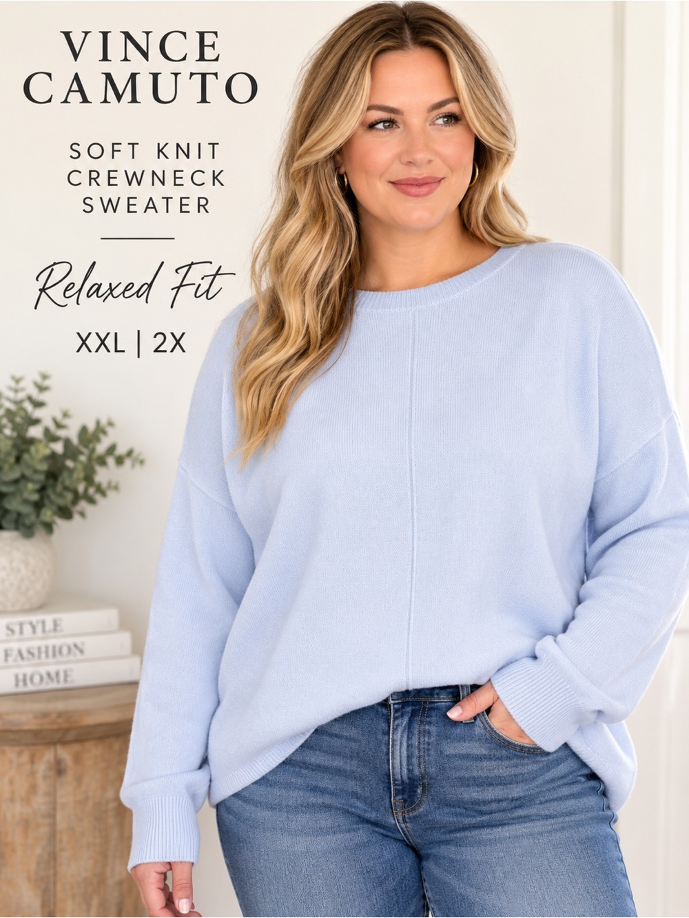 Vince Camuto XXL 2X Pastel Blue Soft Knit Relaxed Crewneck Sweater